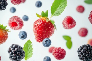 Flying fresh berries: Strawberries, Raspberries, Blueberries and Blackberries on white background.