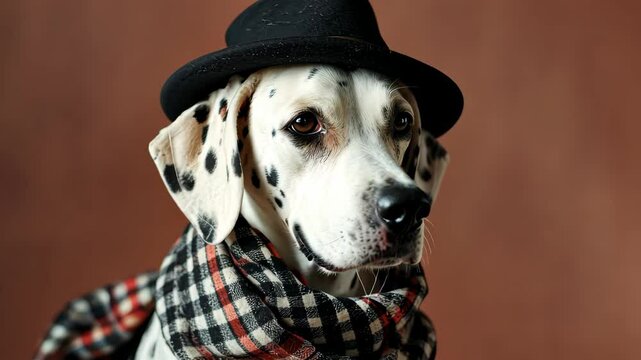 Dalmatian dog with black hat and plaid scarf in studio portrait, stylish pet fashion concept