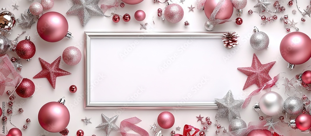 Aufkleber christmas decorations pink balls silver christmas stars and a frame on a white background flat lay t