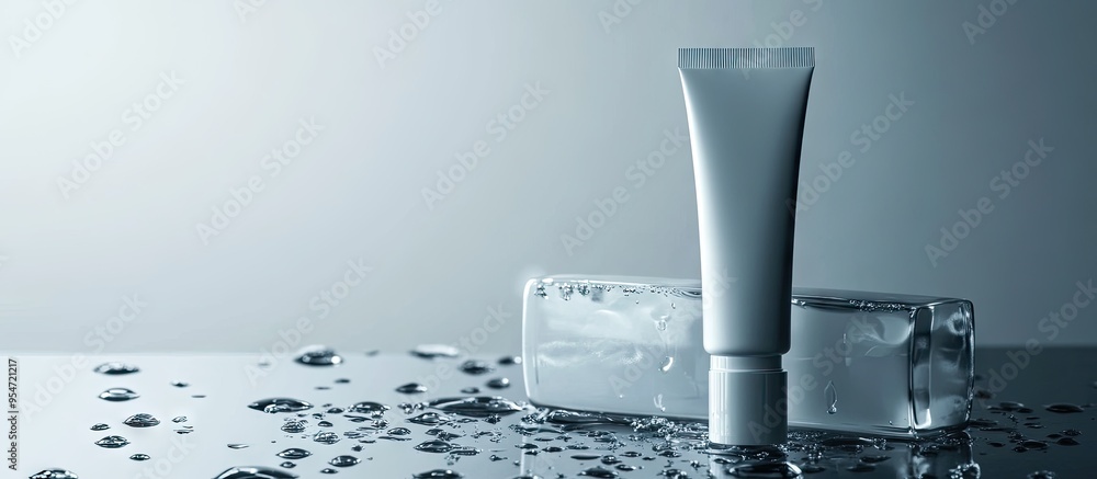 Poster Moisturizing cream in a tube placed on glass with water droplets against a gray background. with copy space image. Place for adding text or design