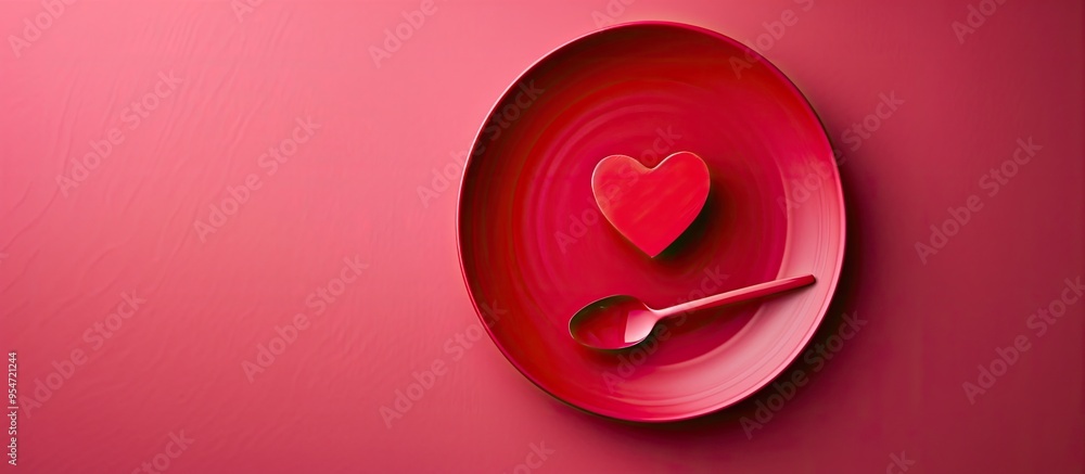 Poster close up of a red heart shaped plate against a pink background empty mockup for valentine s day top 