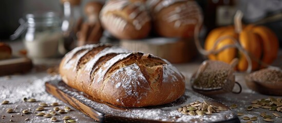 A close up image of freshly baked sourdough bread topped with pumpkin seeds accompanied by a rolling pin on a wooden surface. with copy space image. Place for adding text or design