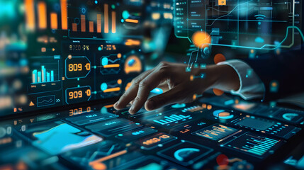 digital online marketing Financial and investment business planning and development. Businessman analyzing growth sales data graph on modern interface icons.