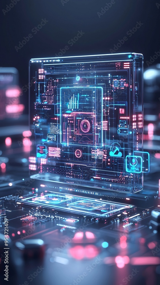 Poster futuristic 3d web components floating in a virtual space, innovative web design concept, cutting-edg