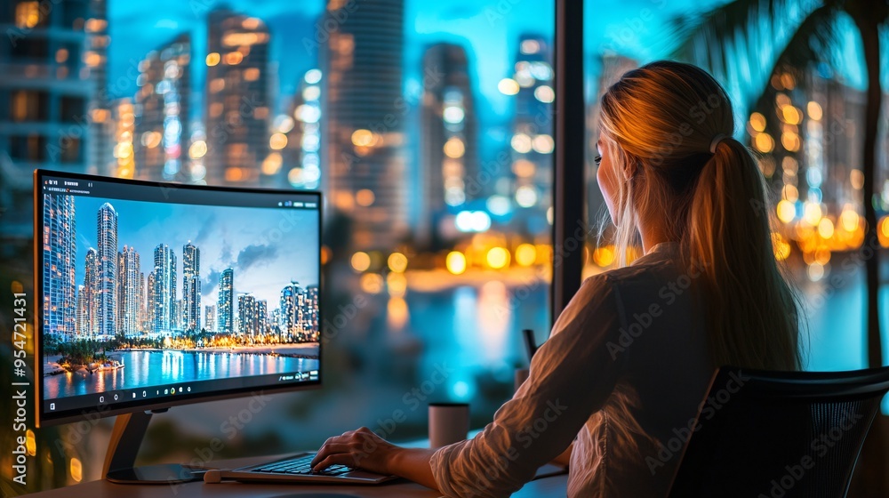 Poster Global connection depicted through a split-screen video call one side shows a person working in a modern city apartment the other side shows a colleague in a tropical beach setting illustrating the