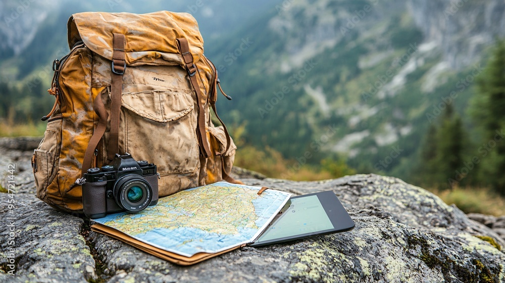 Poster Backpack and tech gear on a rocky surface near a mountain trail a map and a camera are partially visible from the open backpack next to a tablet with a travel itinerary app displayed on the screen