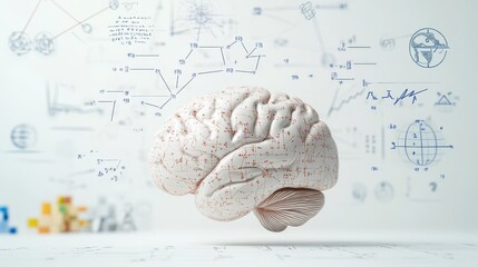 A realistic brain model floats amid various scientific diagrams and intelligence concepts in a modern workspace setting