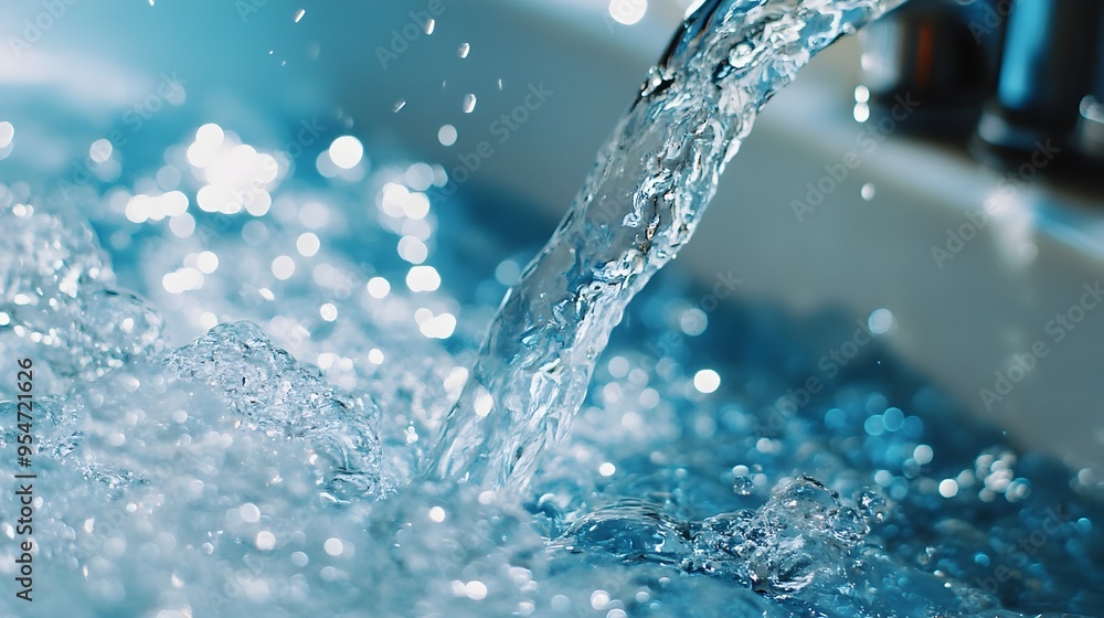 Poster closeup of crystal clear water pouring from a bathroom faucet creating a minimalist and serene scene