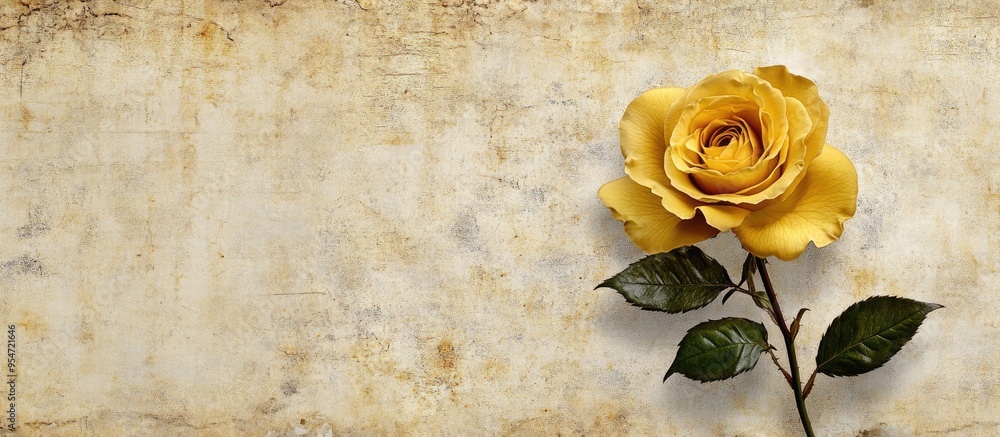 Aufkleber textured vintage paper background featuring a yellow rose. with copy space image. Place for adding text or design