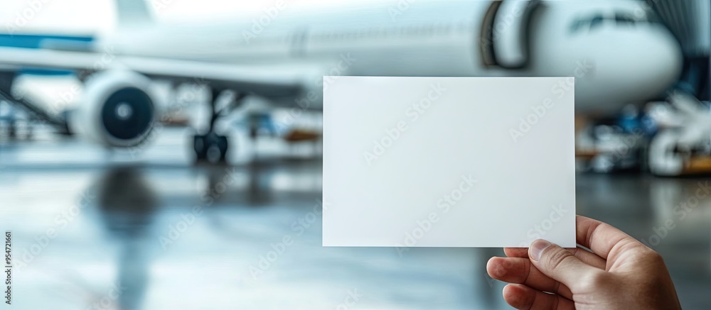Poster A hand holding a blank sheet of paper with a blurred airplane background. with copy space image. Place for adding text or design