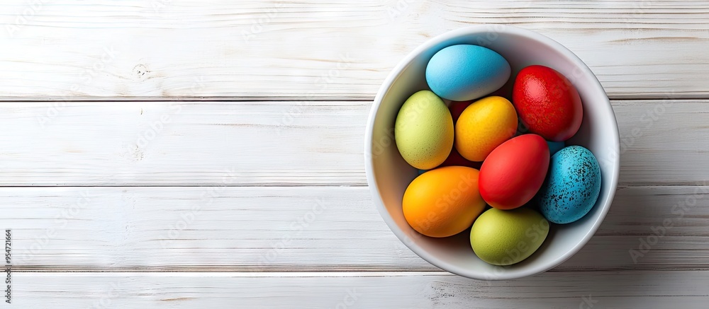 Leinwandbilder easter greeting card featuring a bowl of colorful eggs on a white wooden table includes space for yo