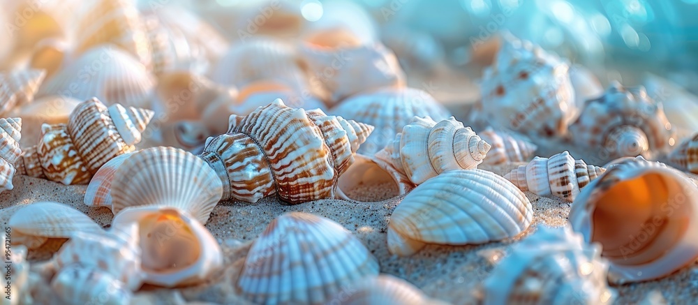 Aufkleber Seashells set against a blue backdrop. with copy space image. Place for adding text or design