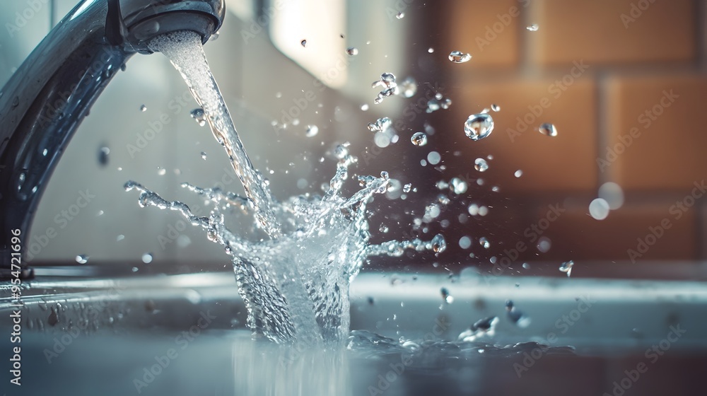 Poster closeup photography of water splashing from a running faucet into a sink creating a dynamic display 