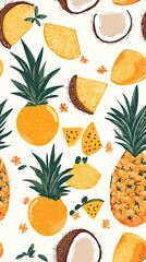 A vibrant tropical fruit pattern featuring pineapples, coconuts, and orange slices, creating a cheerful and summery vibe.