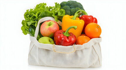 fruits and vegetables grocery product in reusable shopping bag isolated