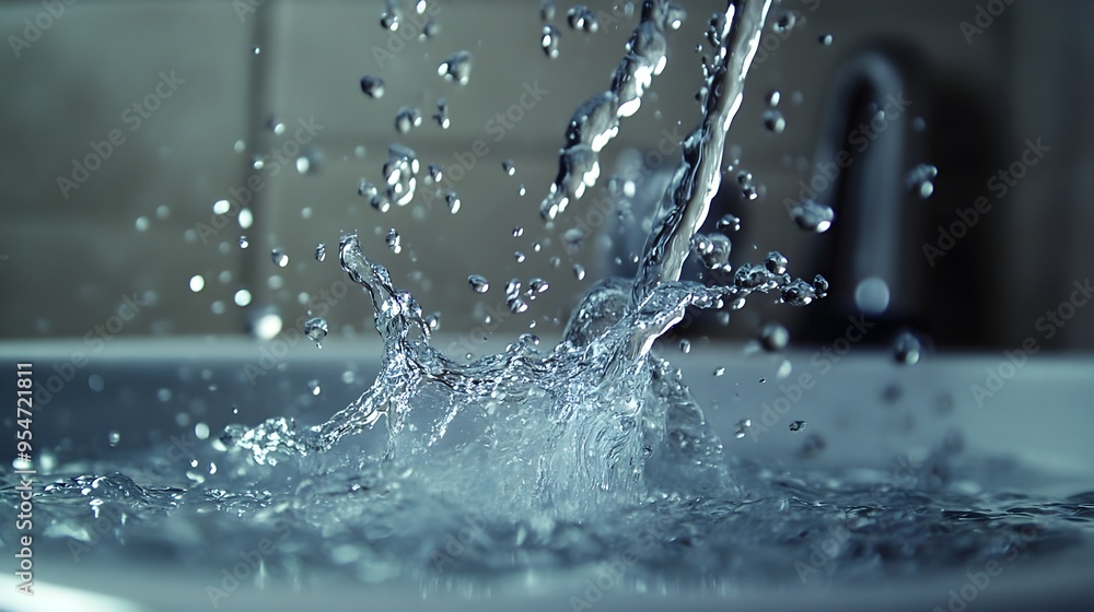 Poster closeup view of water droplets forming and falling in a cascading flow as they drip from an open fau