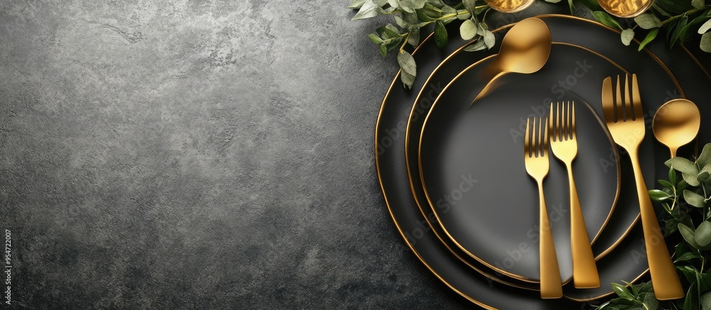 Aufkleber Elegant table setting featuring golden cutlery on a grey background. with copy space image. Place for adding text or design