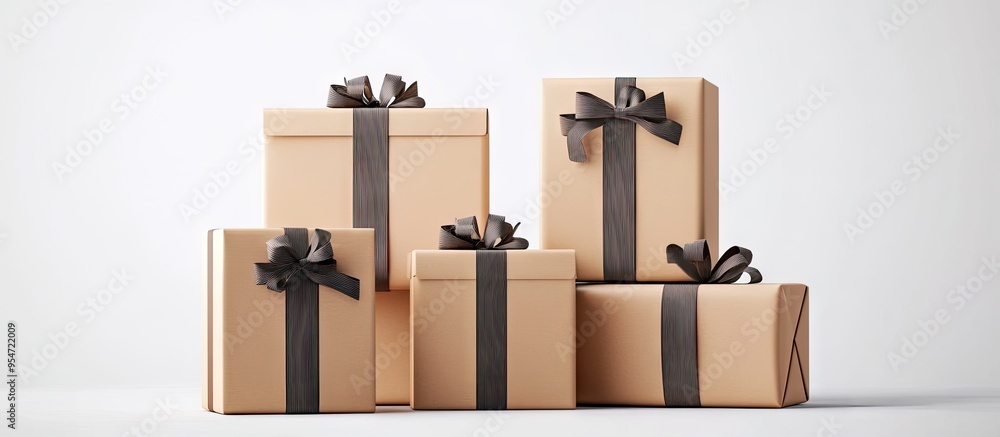 Poster Blank paper mockup gift boxes decorations set against a white background. with copy space image. Place for adding text or design