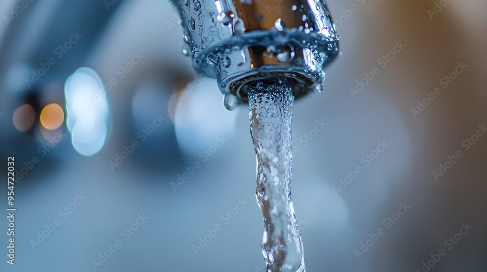 Poster closeup photography of water trickling down from a slightly opened faucet tap creating droplets refl