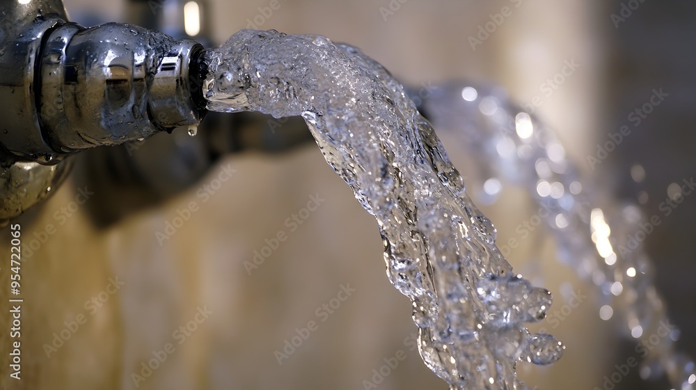 Poster closeup view of clear water trickling and dripping from a slightly open faucet creating a minimalist