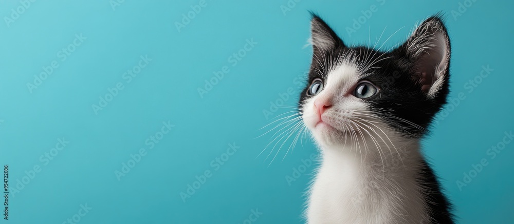 Poster black and white kitten set against a blue background. with copy space image. place for adding text o