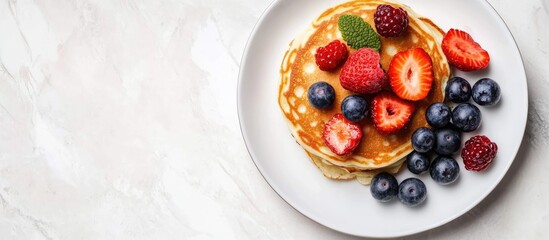 Homemade cottage cheese pancakes topped with fresh berries on a white table Copy space