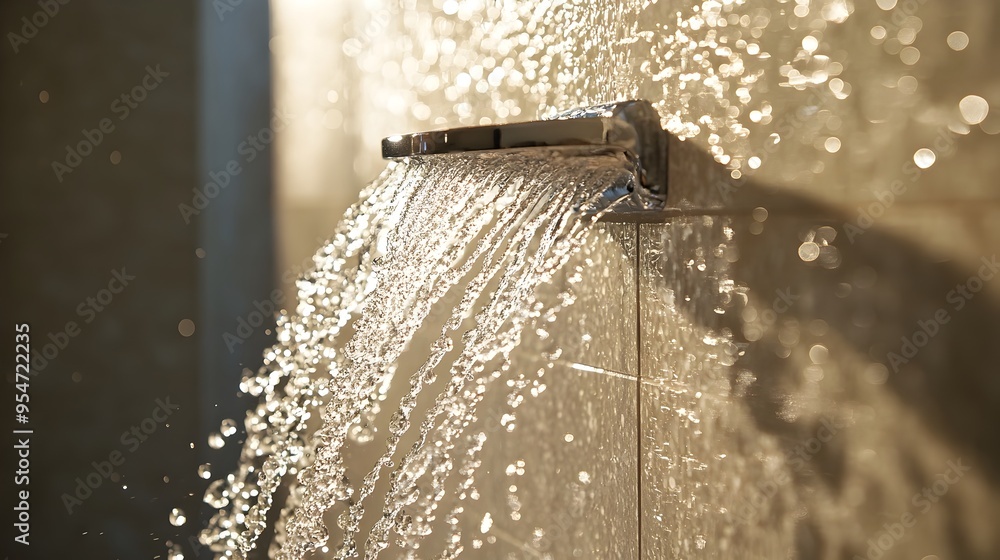 Poster closeup view of water cascading and flowing in a dynamic stream from a wall mounted faucet fixture t