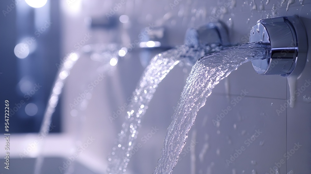 Poster a closeup photograph of water cascading and spilling from a modern wall mounted stainless steel fauc