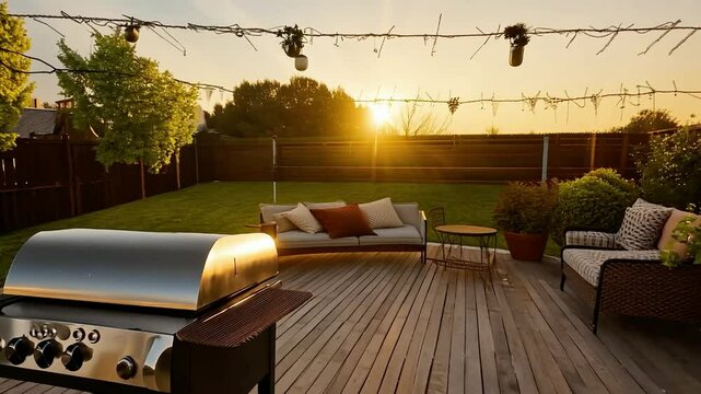Enjoying a sunset BBQ in a beautifully landscaped backyard with a modern grill setup