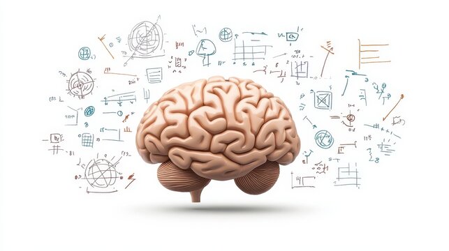 A realistic brain model is depicted, emphasized by various mathematical and scientific symbols illustrating the theme of intelligence