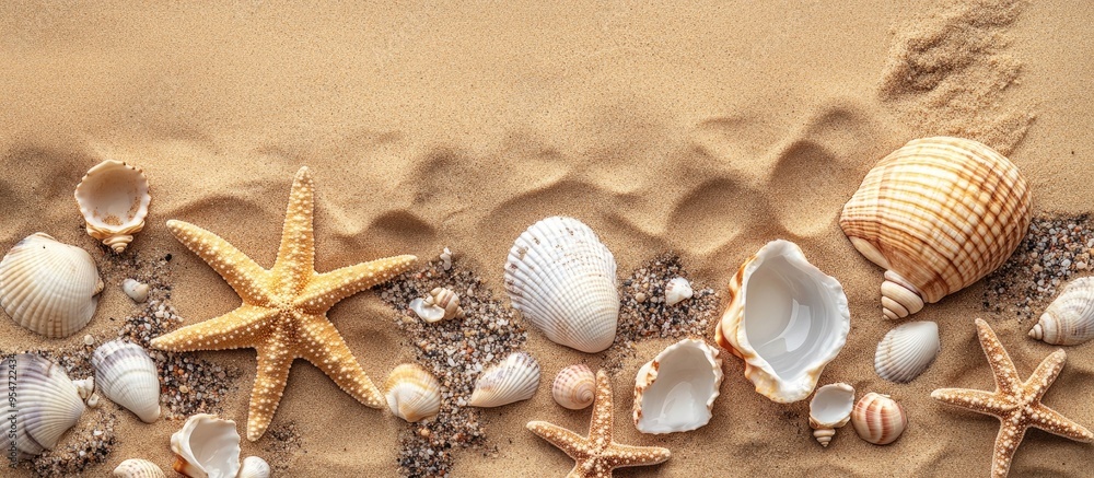 Poster Beautiful starfishes and seashells on the sand arranged in a flat lay Room for text. with copy space image. Place for adding text or design