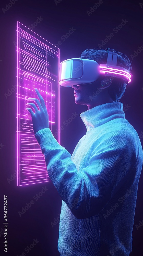 Poster virtual reality scene of a user building a website in a 3d environment, immersive web development co
