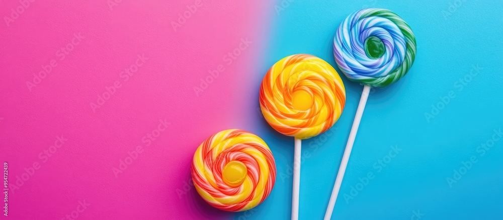 Poster Colorful candies and a lollipop against a vibrant background presented in a multicolored minimal style top view. with copy space image. Place for adding text or design
