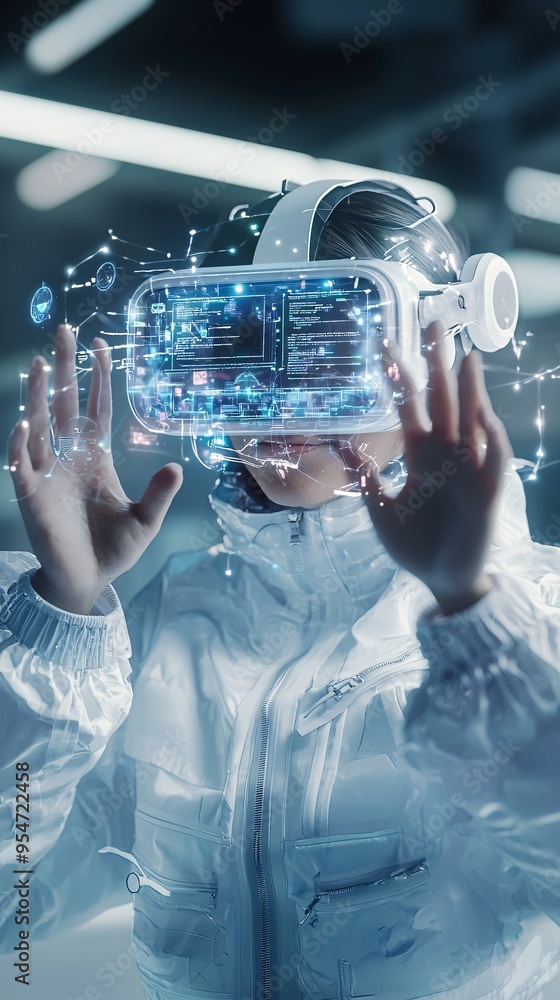 Poster virtual reality scene of a user building a website in a 3d environment, immersive web development co