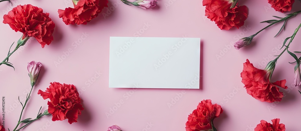 Aufkleber Red carnations and a blank card on a lilac backdrop. with copy space image. Place for adding text or design