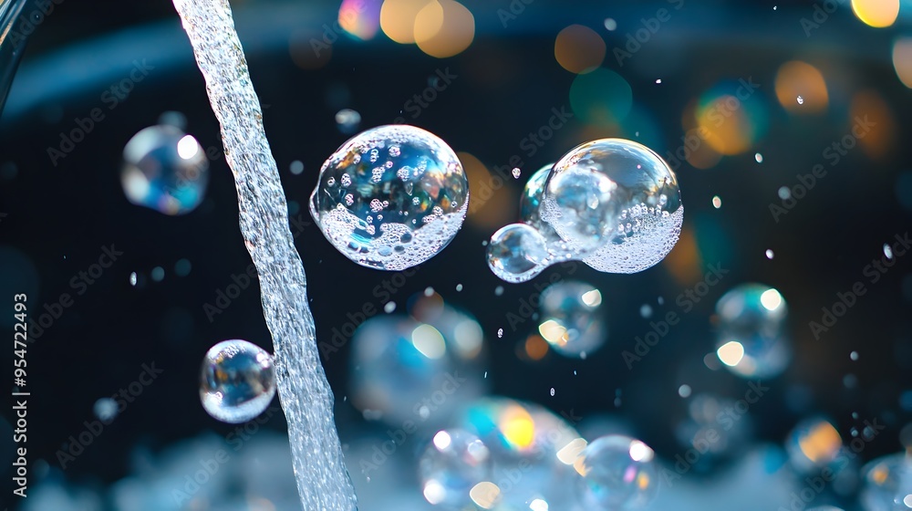 Aufkleber closeup view of clear water flowing from a faucet with soap bubbles and foam forming on the surface 