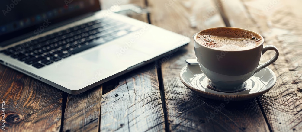 Poster Coffee cup and computer notebook keyboard on a wooden table background. with copy space image. Place for adding text or design