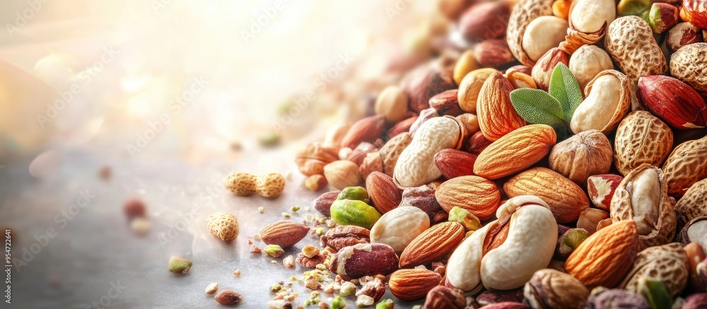 Fototapete Collection of nuts including hazelnuts almonds pistachios and cashews. with copy space image. Place for adding text or design