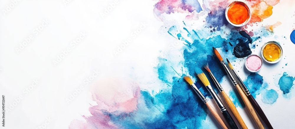 Poster Drawing materials watercolor brushes and a palette on a white background. with copy space image. Place for adding text or design