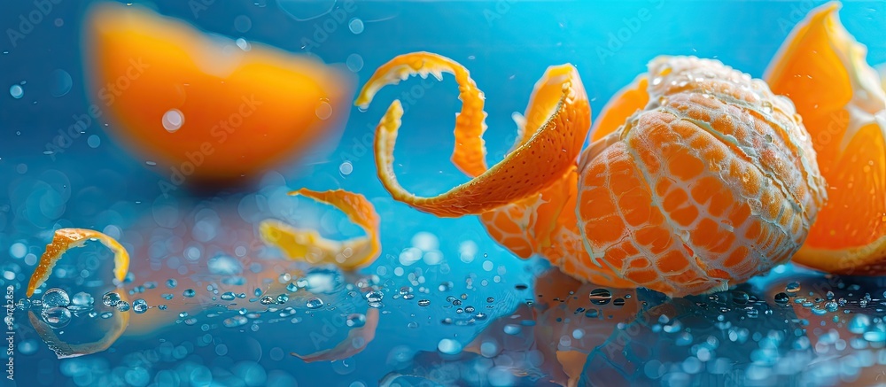 Poster macro shot of citrus fruit peel against a blue background artistic image featuring a vase made of ma