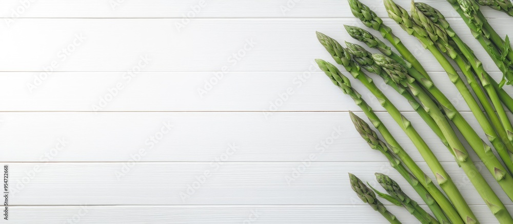 Poster creative scandinavian style flat lay top view mockup featuring fresh green asparagus on a white wood