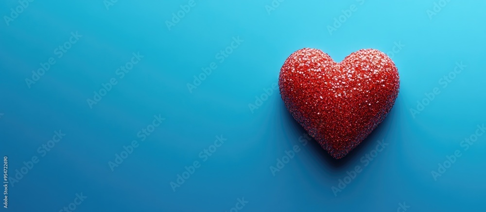 Poster Red heart on a blue backdrop the arrangement for Valentine s Day and Mother s Day. with copy space image. Place for adding text or design