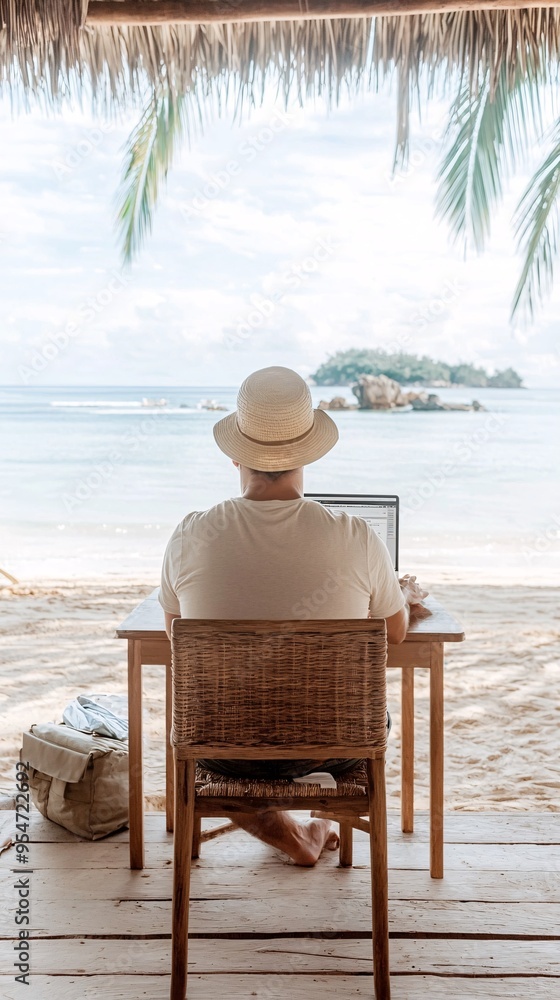 Poster digital nomad working on website development at a beach, remote work lifestyle, web developer s free