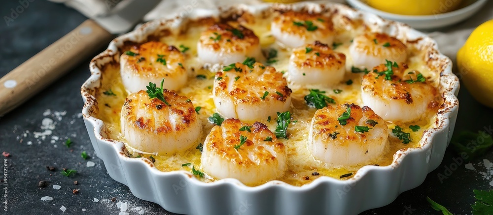Aufkleber Scallops au gratin baked in the oven with parsley and lemon. with copy space image. Place for adding text or design