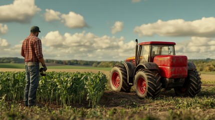 Obraz premium Farmer standing beside a red tractor in a field with green crops under a partly cloudy sky on a sunny day.