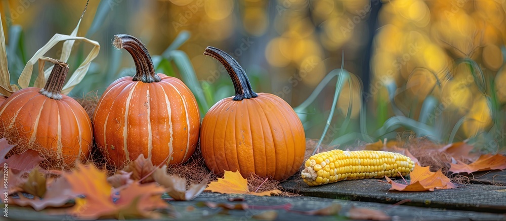 Poster yellow and orange pumpkins corn and autumn leaves on a wooden background for a harvest fall and than