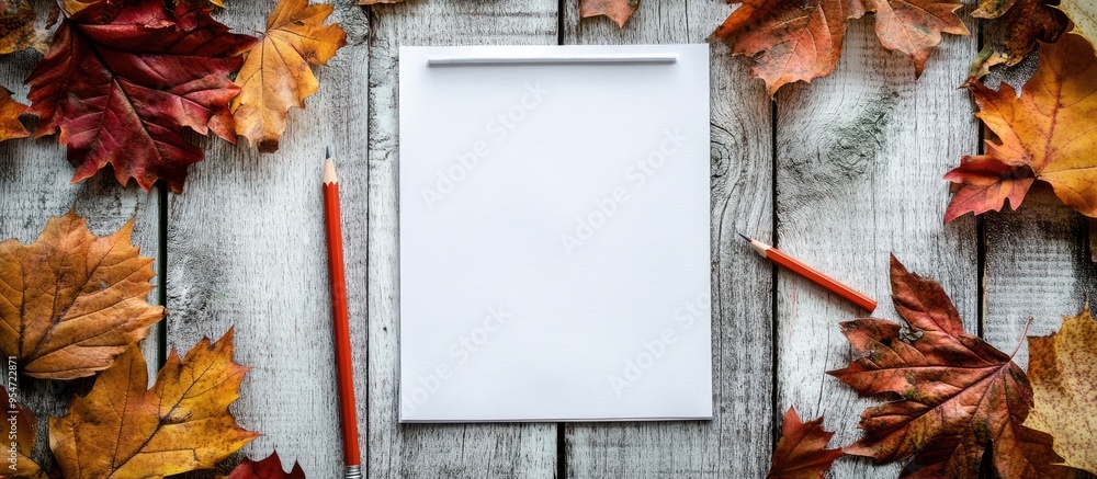 Poster Blank paper with a pencil surrounded by vibrant autumn leaves on a weathered wooden surface. with copy space image. Place for adding text or design