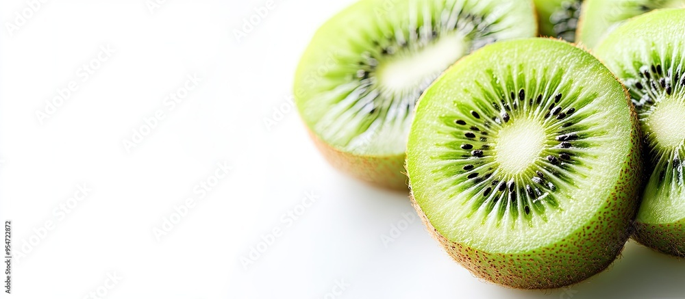 Poster Freshly sliced kiwi fruit on a white background Room for text Vertical image. with copy space image. Place for adding text or design