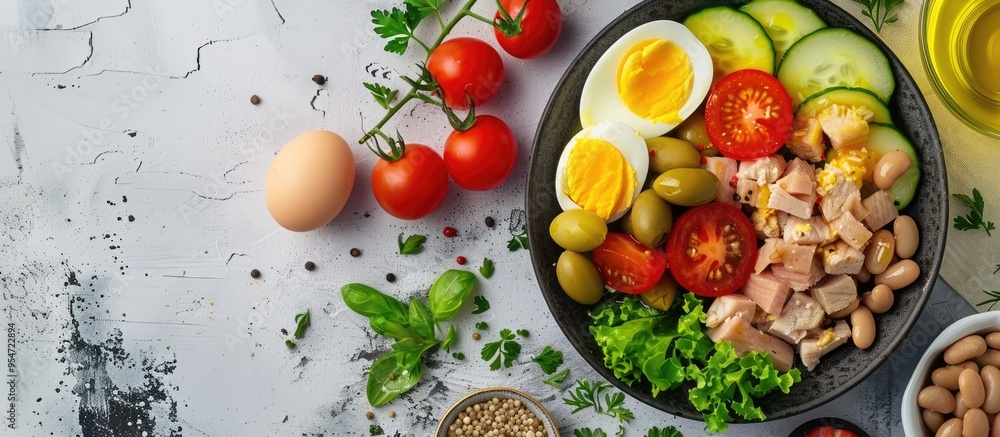 Poster tuna salad featuring white beans tomatoes boiled eggs and black olives on plates against a light sla