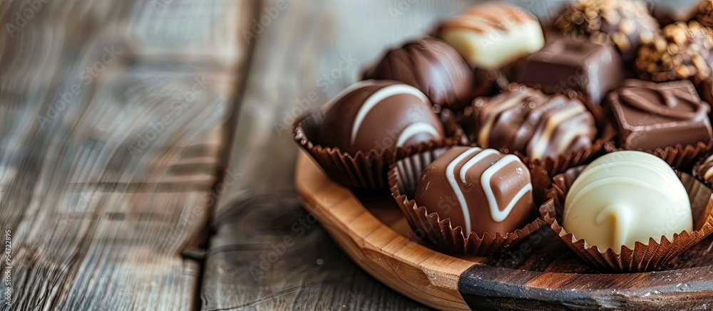 Poster filled dark and milk chocolates on a white wooden table. with copy space image. Place for adding text or design